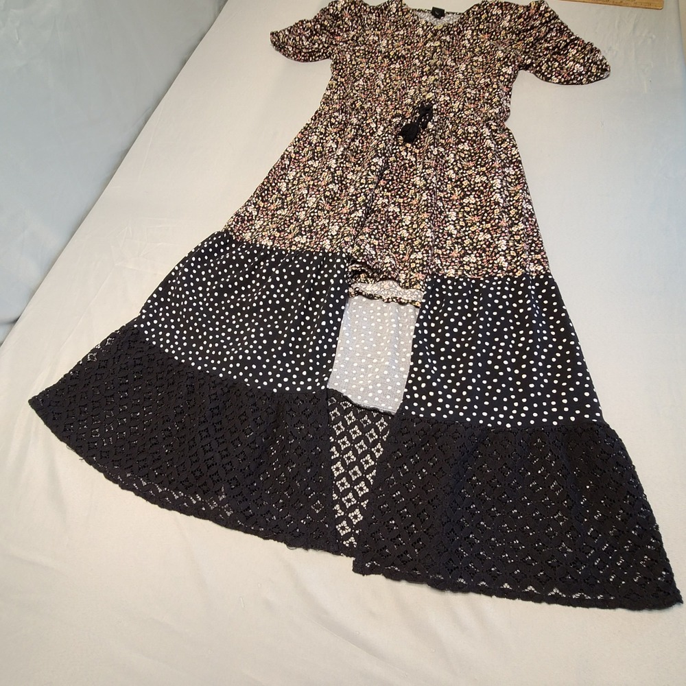 Art Class Mixed Print Romper Dress Girls XL 14/16 Black Floral Polka Dot Lace